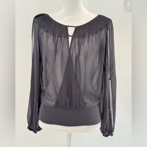 BCBG MaxAzria Sheer top, long sleeves with slits Scooped neck Size XXS Black